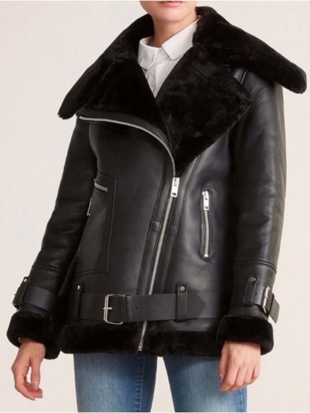Walter Baker Celine lamb leather faux fur moto bomber jacket